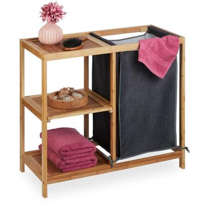 Wäschekorb Regal Bambus, 3 Ablagen, herausnehmbarer Stoffsack, hbt: 65x68x33 cm, Wäschesammler Bad, Image
