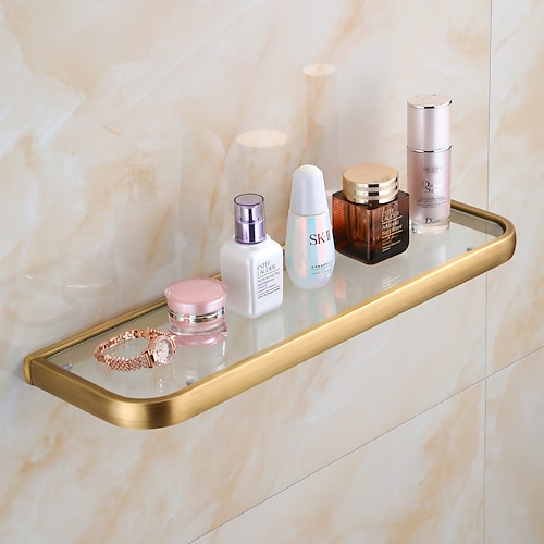 Wandmontiertes, einschichtiges, rechteckiges Glasregal für das Badezimmer, antikes Messing-Finish, Badezimmer-Aufbewahrung, Badezimmer-Accessoires-Halter
