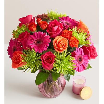 1-800-Flowers Flower Delivery Vibrant Blooms Double Bouquet W/ Pink Vase & Candle