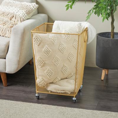 Black or Gold Metal Square Mesh Wire Rolling Laundry Storage Cart with Ring Handles