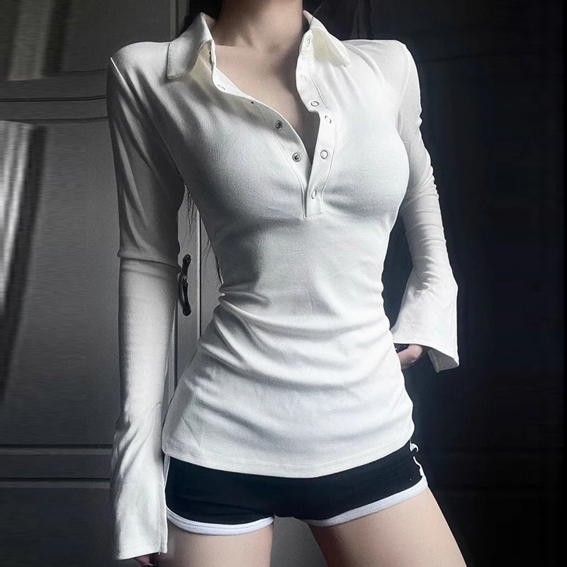 Women Korean Sexy Y2K Skinny Long Sleeve Polo Collar Button T-shirt 2024 Autumn Winter Fashion Solid Basic Tops Female Clothing