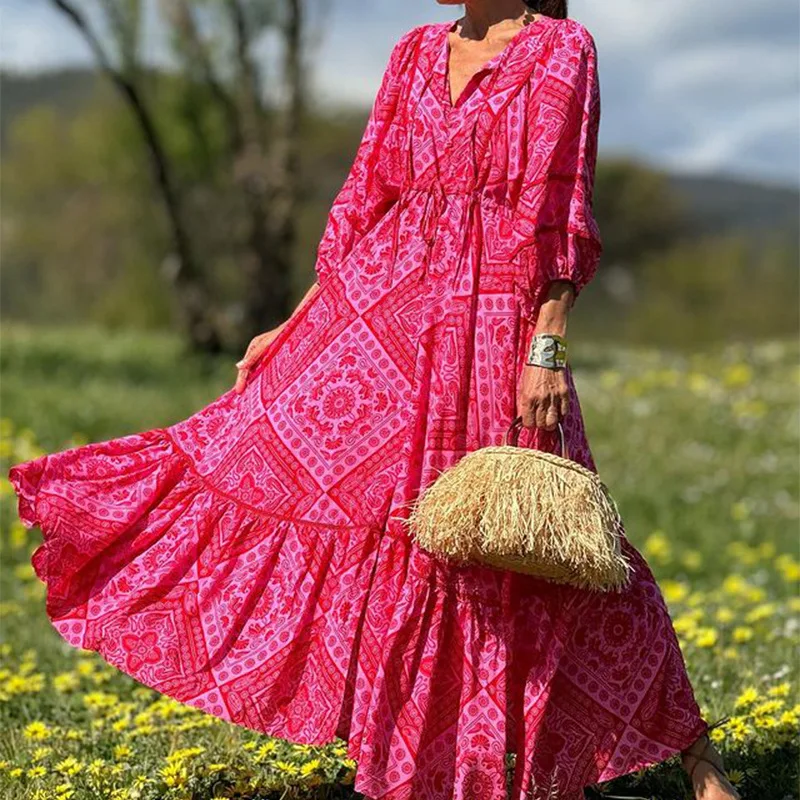 BAMBOOBOY Sommer-Kleid mit hoher Taille, gebunden, lockere Passform, langes Kleid, Seitenschlitz, 3/4-Ärmel, bedruckt, V-Ausschnitt, böhmisches, lässiges rotes Sommerkleid