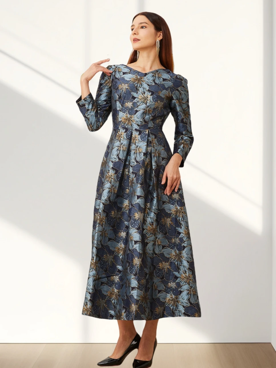 Elegante Frauen Lange Maxi Abendkleid Floral Jacquard Herbst V-ausschnitt Dame Herbst Winter Party Fashion Formal Vestidos