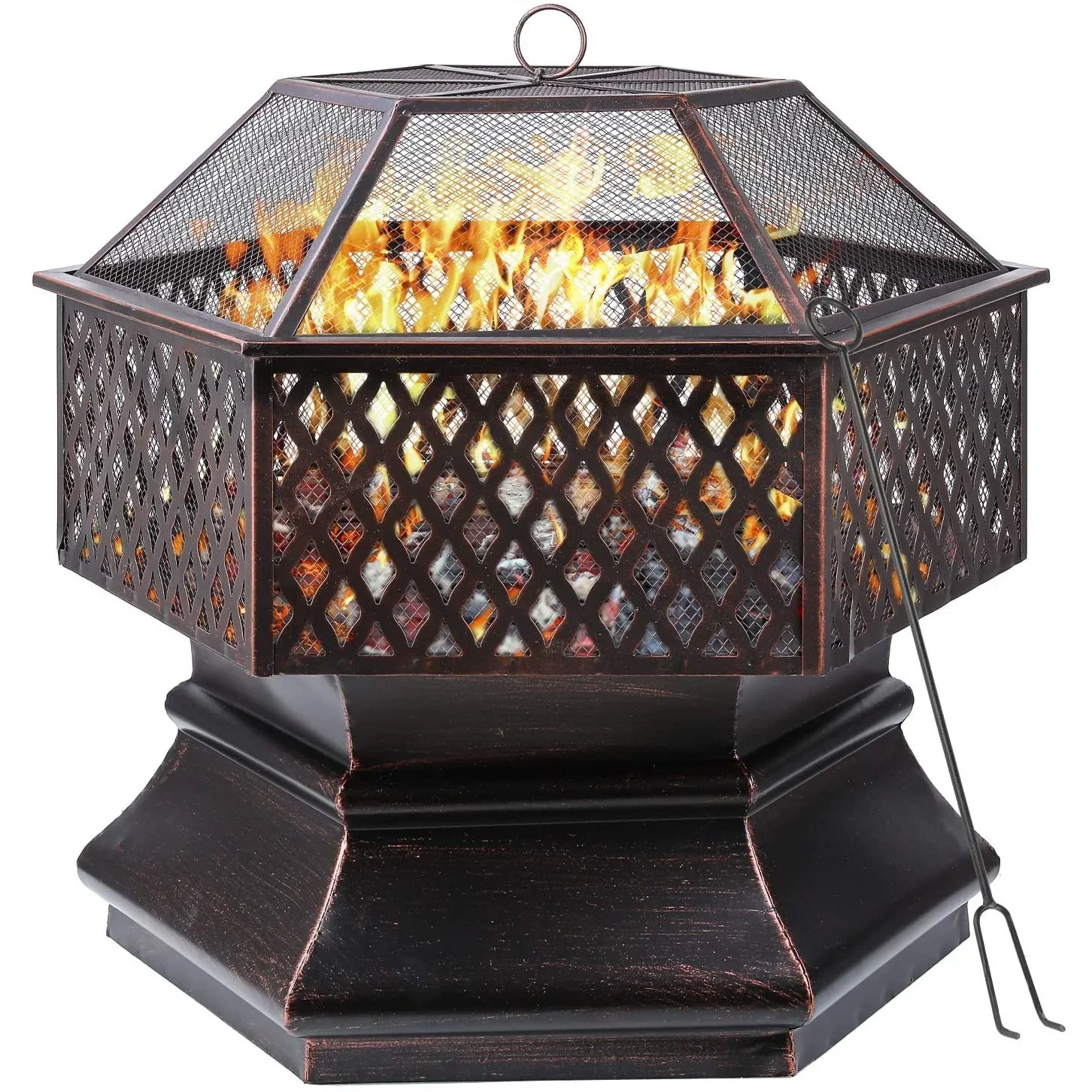 26-Zoll-Feuerschale mit Funkenschutz und Grillrost, Feuerstelle für den Garten im Freien, 4-in-1-Grill mit Abdeckung, Poker Image