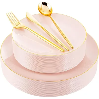 150Pcs Plastic Plates, Heavy Duty Rimmed Plastic Plates with Plastic Silverware for 30