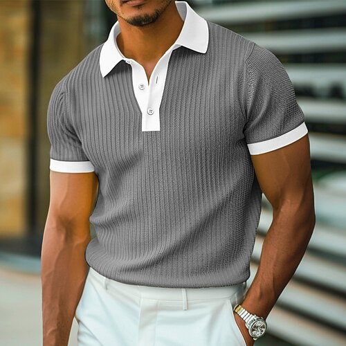 Herren Textur Muskelshirt Arbeit Lässig Gerippter Polokragen Klassisch Kurzarm Basic Modern Farbblock Gerippt Frühling Sommer Schmale Passform Blau Weiß Gelb Grün Grau Textur Image