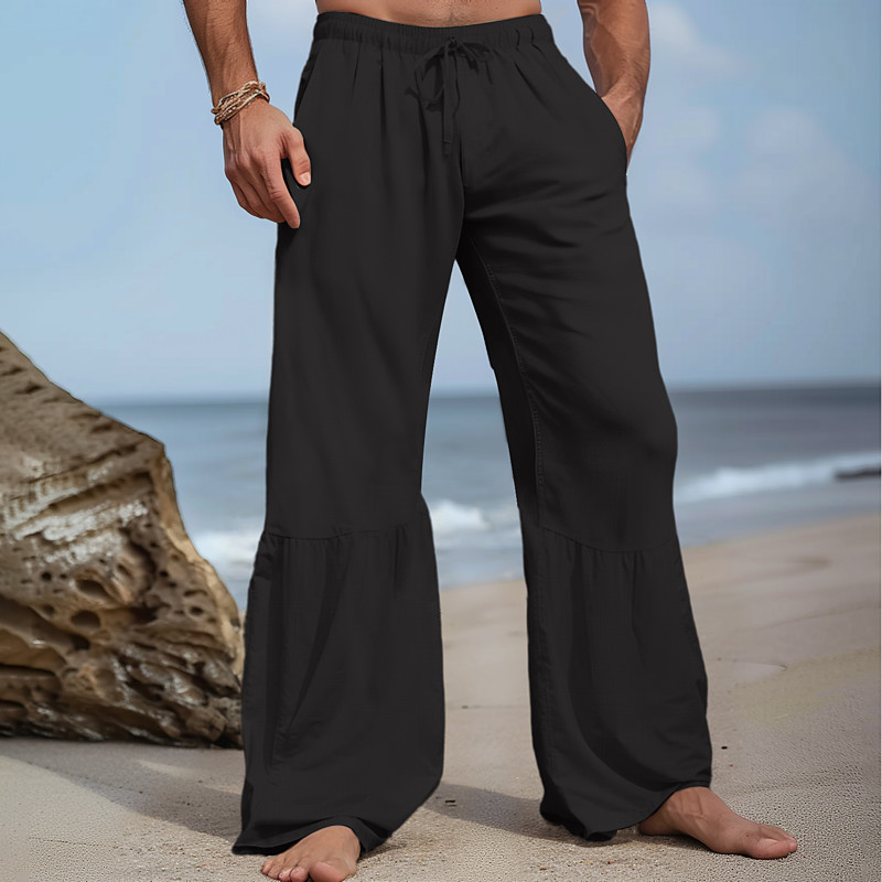 Men's Culottes Wide Leg Linen Pants Trousers Summer Pants Drawstring Patchwork Elastic Waist Plain Comfort Breathable Full Length Casual Daily Holiday Vacation Fashion Black White
