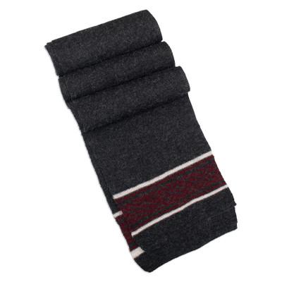 Andean Life,'Knit Grey Red White 100% Baby Alpaca Scarf with Inca Motifs'