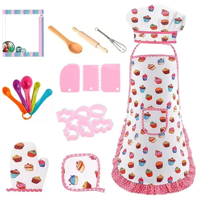 Apron for Little Girls 4/11Pcs Kids Kitchen Cooking Baking Pretend Play Set Simulation Pink Chef