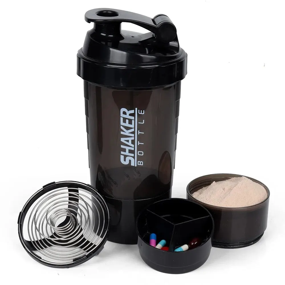 3 Schichten Shaker Protein Flasche Pulver Shake Tasse Wasser flasche Kunststoff Misch becher Körperbau Übungs flasche Image