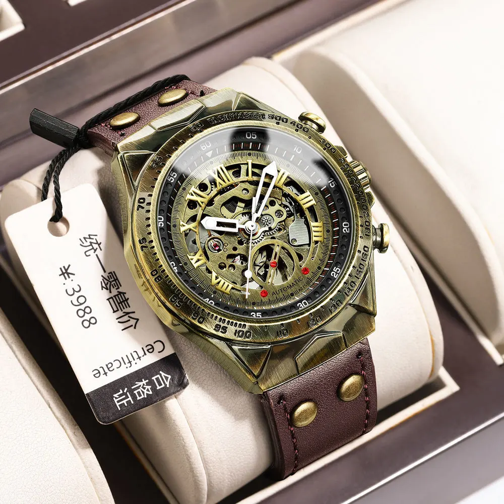 UTHAI Orologio da uomo retrò Business Orologio da polso meccanico automatico in bronzo impermeabile con cinturino in pelle Orologio da polso alla moda maschile