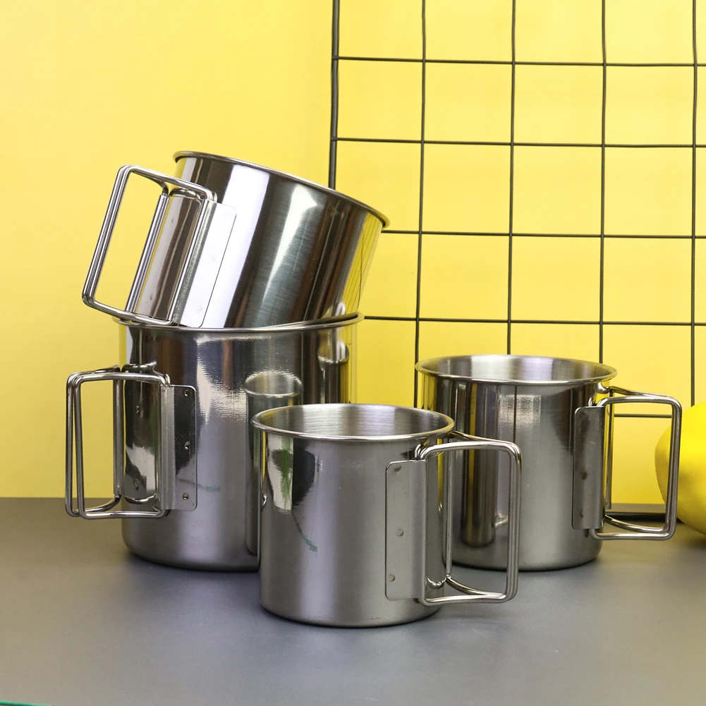 Edelstahl Stapelbare Kaffeetassen Set Camping Geschirr Trinkwasser Bier Tasse Tassen Faltbare Griffe Outdoor Kochgeschirr 4 Stücke Image