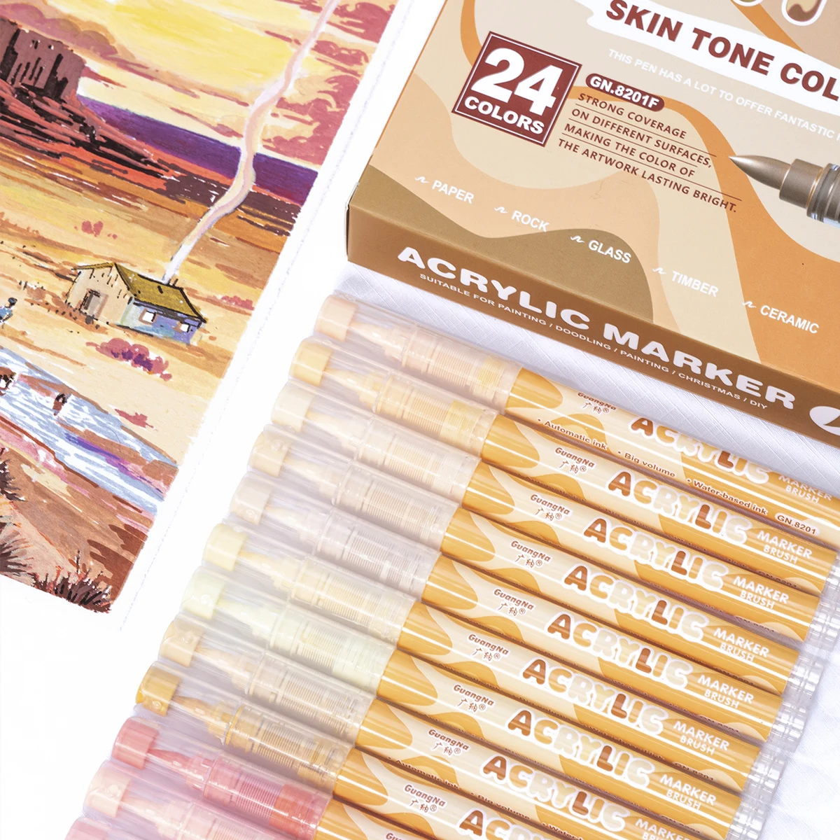 24-Farben-Acryl-Farbstifte in Hautton, Farbmarker mit Pinselspitze für Holz, Glas, Stoff, Felsmalerei, Farbstifte, Künstlerzeichnung Image