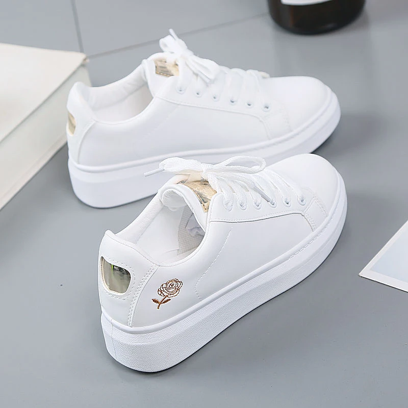 Frauen Leder Pu Casual Schuhe Neue 2025, Frau Schuhe Mode Gestickte Weiße Turnschuhe Atmungsaktive Blume Lace-Up Frauen turnschuhe