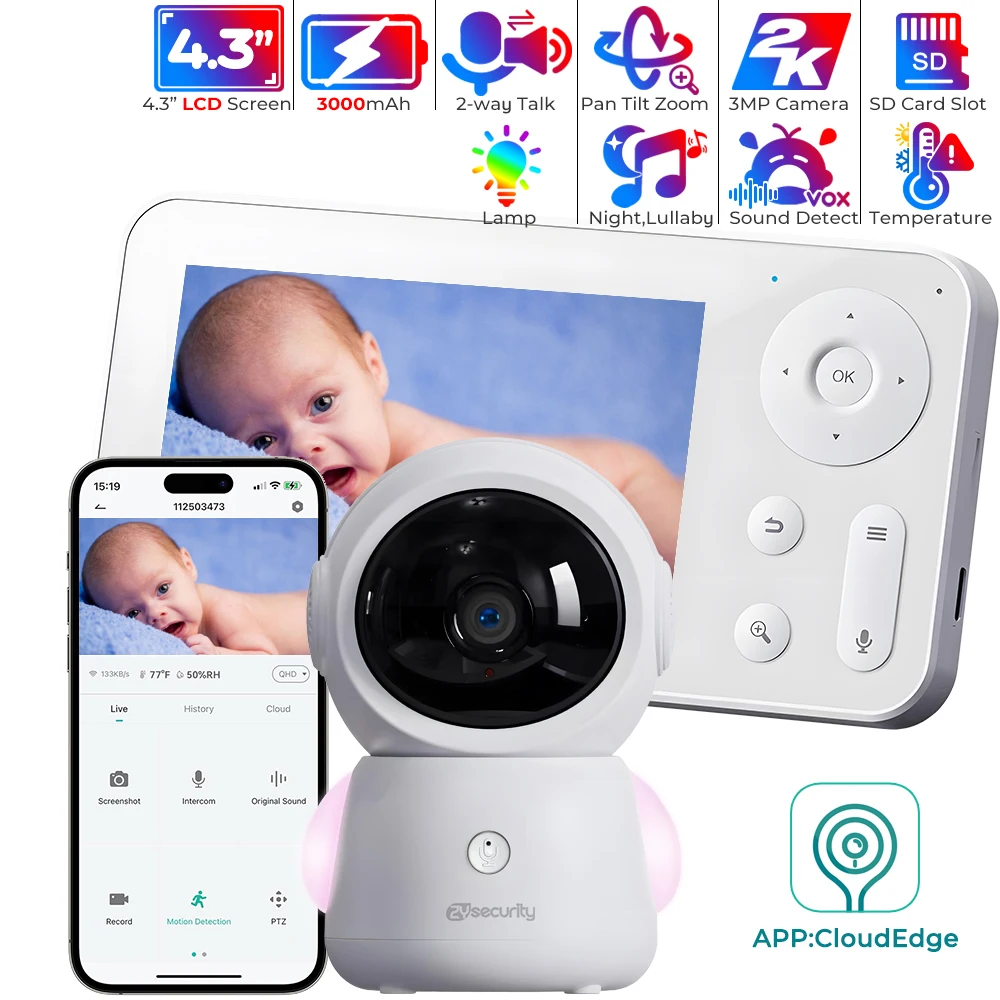 2K WiFi-Babyphone Steuerung über Bildschirm und App 3MP Automatische Verfolgung Babykamera Videoaufzeichnung und -wiedergabe BabyPhone Nachtsicht 2-Wege-Audio Nanny-Telefon Bewegungs- und Image