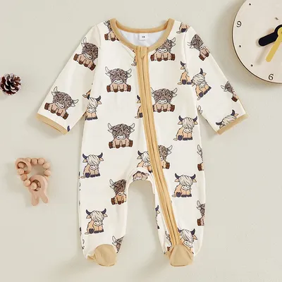 2024-06-01 Lioraitiin 0-18M Autumn Baby Boys Girls Western Footed Jumpsuit Long Sleeve Crew Neck Cow