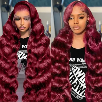 99j burgundy 13x6 Lace Front Human Hair 200 Density Body Wave 30 Inch Red Colored Lace Frontal