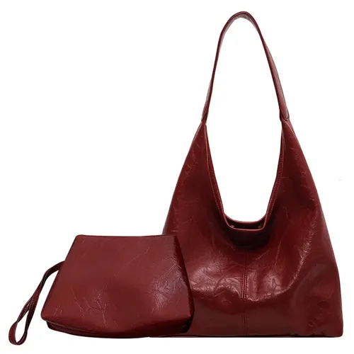 2pcs/set Women's Leather Shoulder Bag Fashion Wine Red Underarm Bags Casual Hobo Bag Ladies Capacity Retro Designer Tote Handbag
