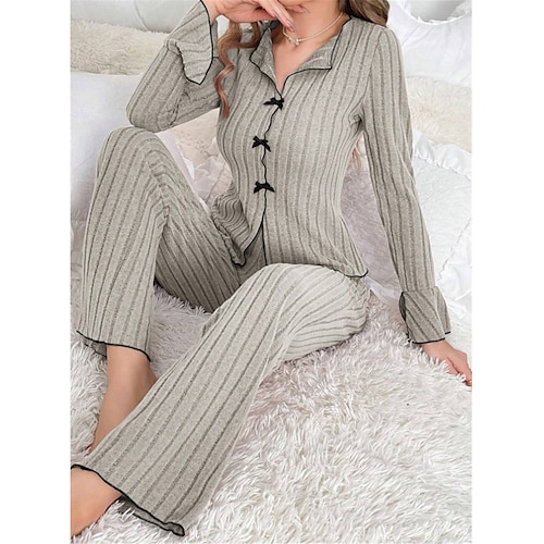 pigiama da donna set colore puro moda comfort casa quotidiano letto maglia traspirante v wire manica lunga maglione pantaloni elastico in vita autunno inverno casa abiti