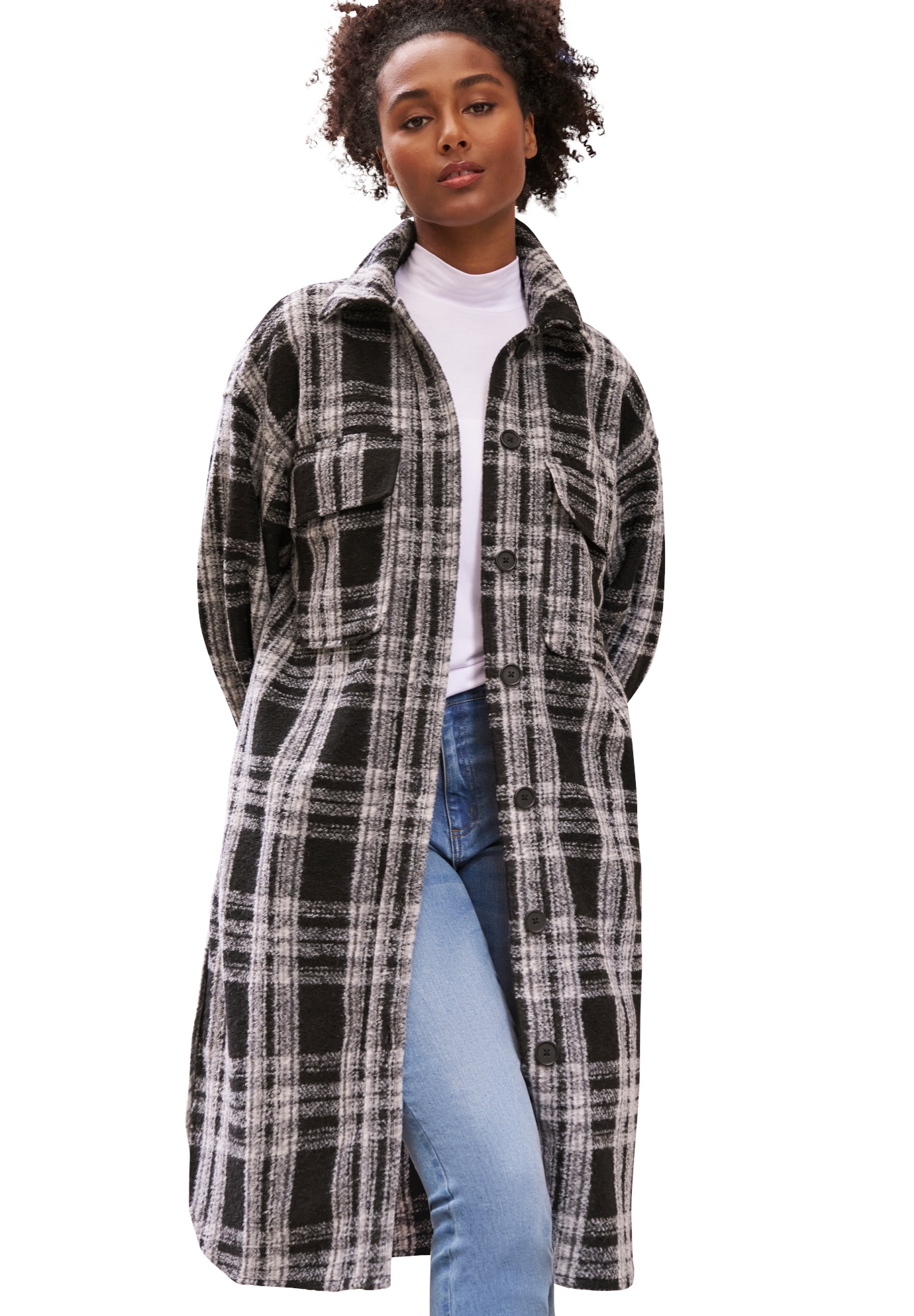 Plus Size Women's Wool Blend Long Shirt Jacket by ellos in Black Ivory Plaid (Size 34/36)