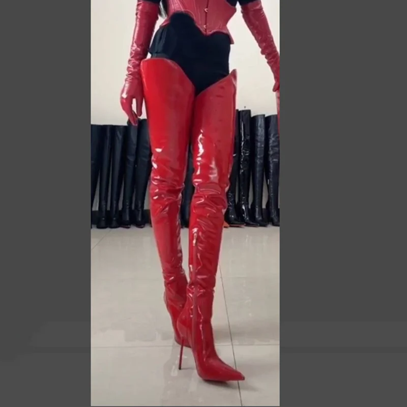 Rot über Knie hohen Reiß verschluss aus geschnittene Stiefel dünne High Heel modische sexy coole Winter große Größe Frau Schuhe Zapatillas Mujer