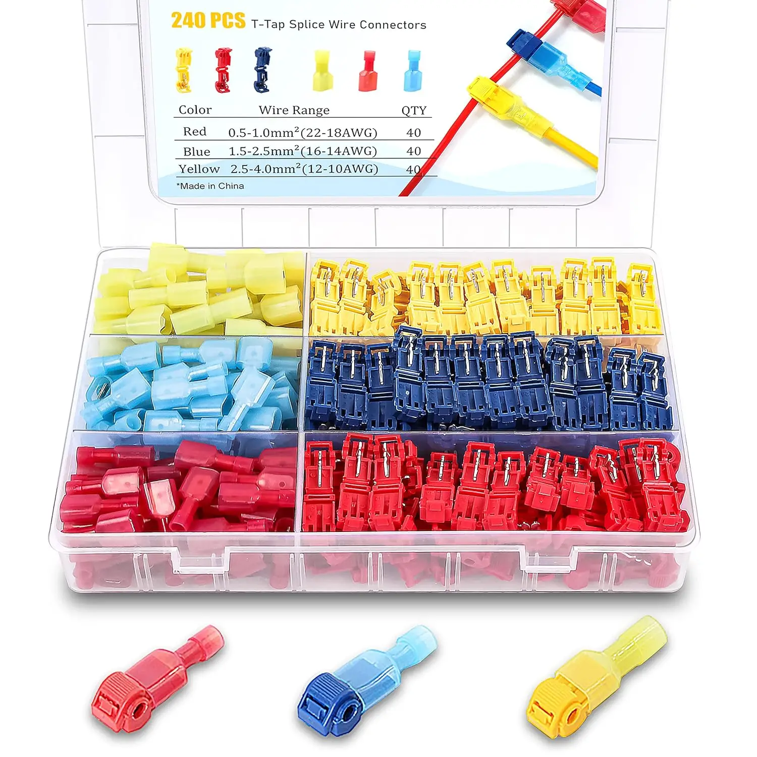 120/240 Stück T-Tap-Drahtverbinder, selbstschneidende Schnellverbinder für elektrische Drahtklemmen, isolierte männliche Schnelltrennspaten Image