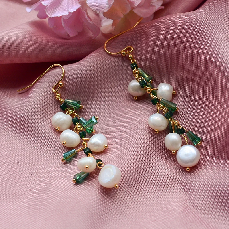 Neue Ankunft Trendy Grün Kristall & Natürliche Süßwasser Perle 14K Gold Gefüllt Weibliche Quasten Tropfen Ohrringe Schmuck Für Frauen geschenke Image