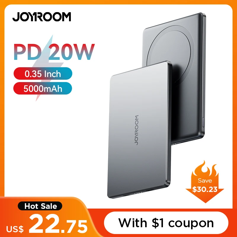 Joyroom Power Bank ultra sottile da 0,35 pollici per caricabatterie portatile wireless Magsafe 5000mAh con cavo USB-C per iPhone 16/15/14/13/12