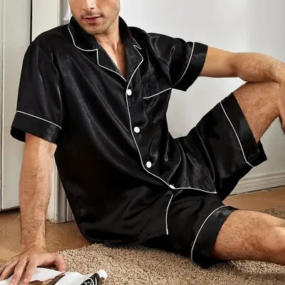Herren Pyjama Set für Sommer Kurzarm Tasche Button Down Shirt & Shorts Pyjama Lounge wear Set Image