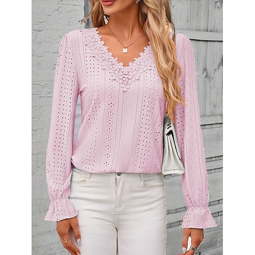 Damen Elegante Spitze Tops Eyelet Bluse Einfarbige Spitze Eyelet Flatterärmel Langarm Reguläre Tops V-Ausschnitt Alltag Romantische Petite Tops Sommer Urlaubsbekleidung Rosa Blau Lila Grün Frühling Image