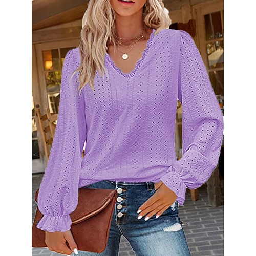 Top in pizzo elegante bianco da donna blusa all'uncinetto stile colore solido maniche a sbuffo maniche lunghe top regolari scollo a V abbigliamento quotidiano romantico top petite estivi per vacanze