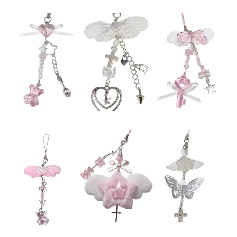 F42F Handgefertigte Schleife-Telefonkette, Engelsflügel-Anhänger, Schlüsselanhänger, süßes cooles Schlüsseltelefon Image