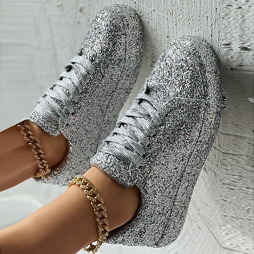 Silberne Glitzer Plateau Sneaker für Damen – funkelnde Schnürschuhe für Partys und Streetstyle Image