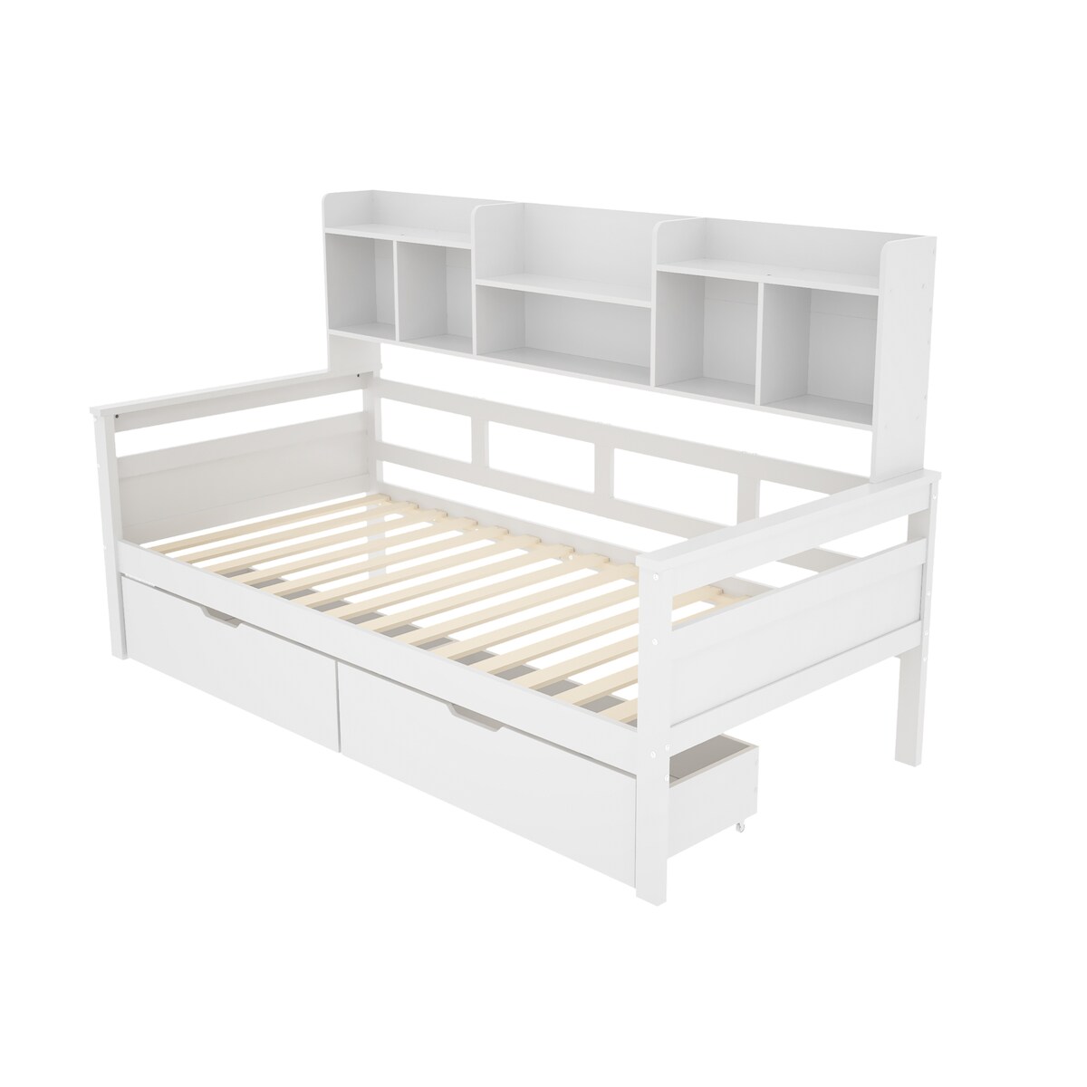 Merax Daybett Schlafsofa Kinderbett Einzelbett 90x200cm mit 2 Schubladen und Regalen, weiß Image