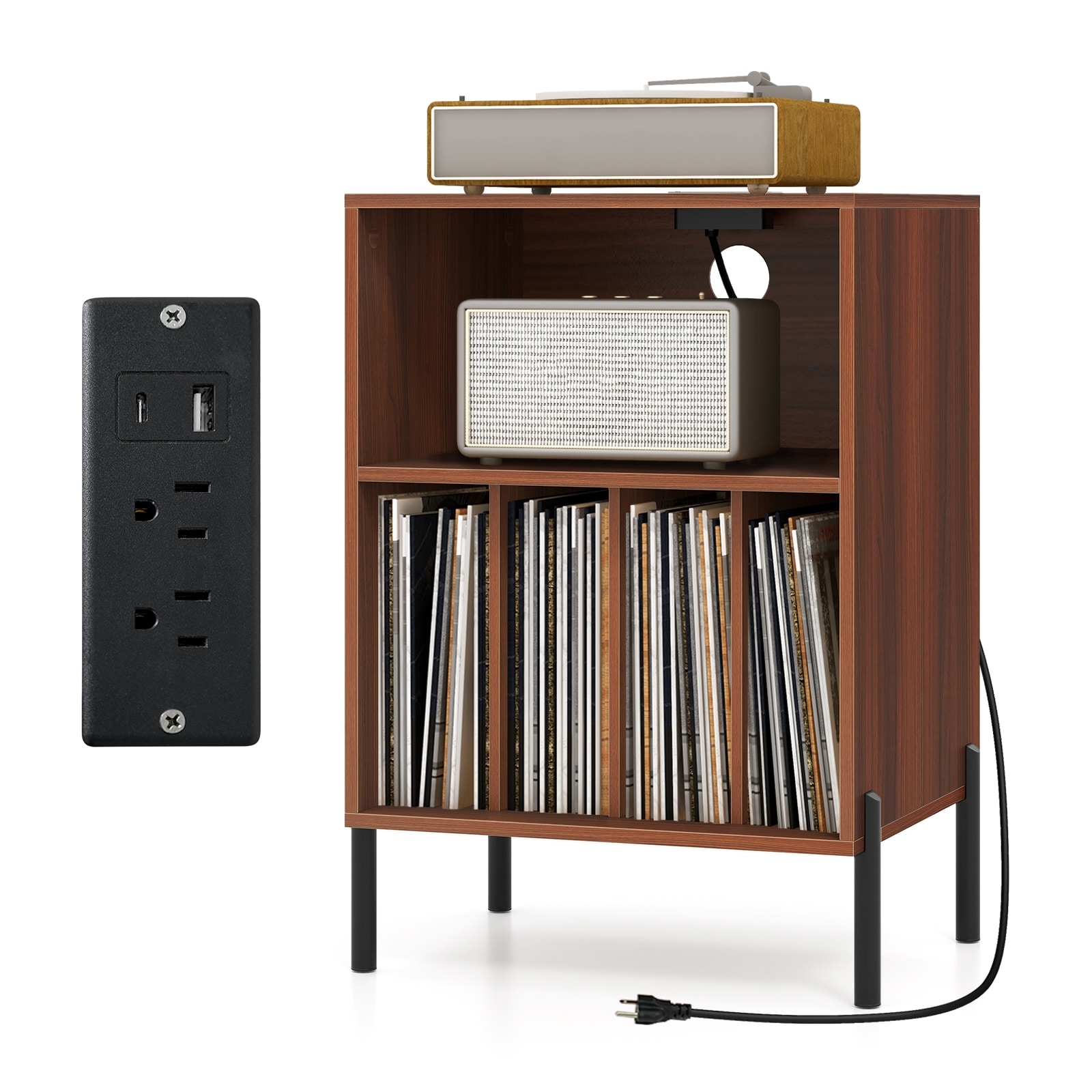 Gymax Record Player Stand w/Charging Station 5 Storage Compartments