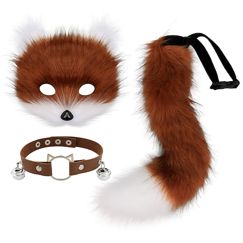 maschera di volpe in pelliccia sintetica, coda soffice di lupo e gatto e collana in pelle, set accessorio per costume da festa di carnevale e cosplay