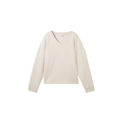 TOM TAILOR Damen Scuba Sweatshirt mit V-Ausschnitt, weiß, Uni, Gr. XL Image