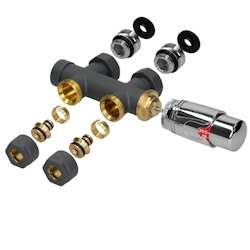 LuxeBath Ventil-Armaturen Set Multiblock Anthrazit Durchgangsform, mit Thermostatkopf, Anschlussgarnitur für Badheizkörper Mittelanschluss, Rohre aus Image