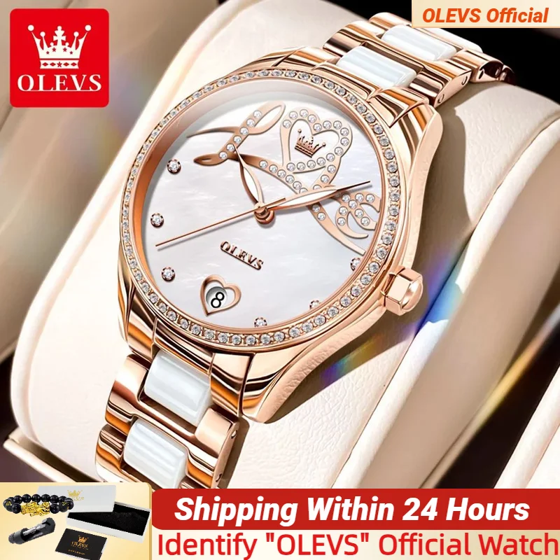 OLEVS-Montre Mécanique existent pour Femme, Cadran Diamant Love, Bracelet Céramique, Élégant, Coffret Cadeau Luxe, 6686