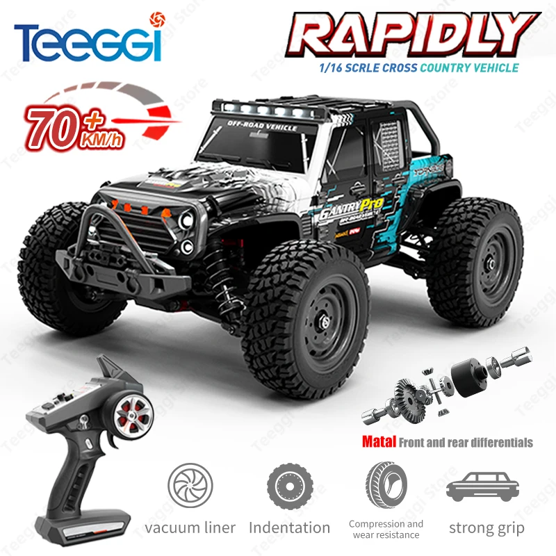 Teeggi 16103 PRO 4WD 70 KM/H RC voiture tout-terrain 1:16 voiture RC haute vitesse avec lumière LED dérive monstre camion jouet pour cadeaux pour enfants