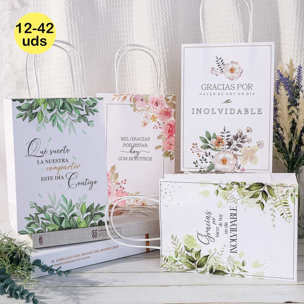 Lot de 12 à 42 unités de sacs cadeaux, sacs en papier avec phrases, sacs de mariage, détails pour invités du mariage, emballages cadeaux de mariage, fleurs de mariage, cadeaux originaux pour invités,
