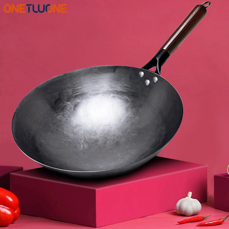 Wok traditionnel en fer, Woks sans revêtement forgé à la main pour poêle de cuisine manche en bois Wok cuisine Pot à gaz ustensiles de cuisine