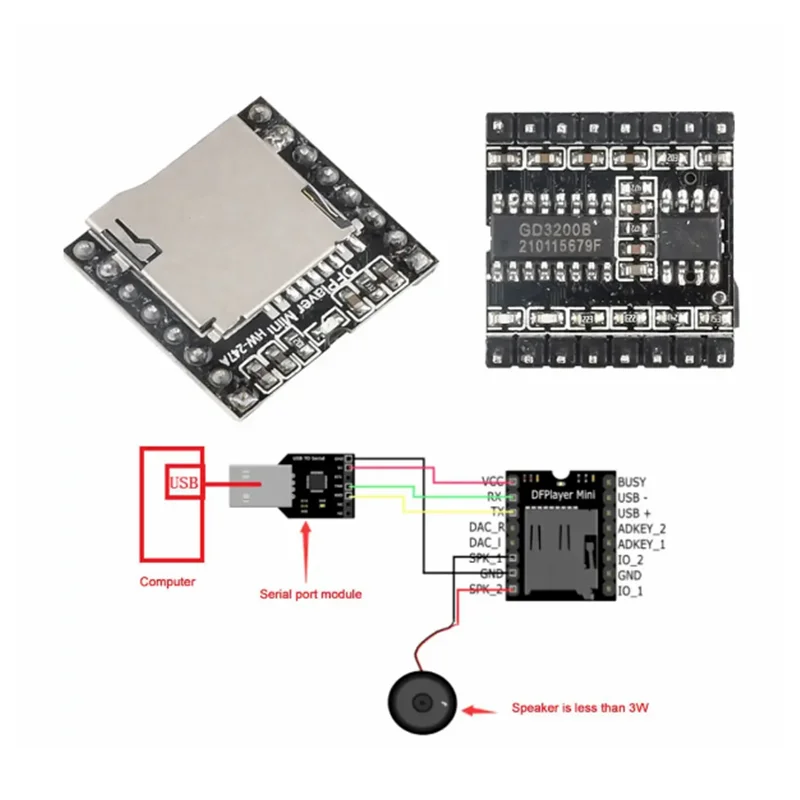DFPlayer Mini lecteur MP3 Module TF carte U disque Mini lecteur MP3 Audio Module vocal carte IO/Port série/AD pour Arduino Kit de bricolage
