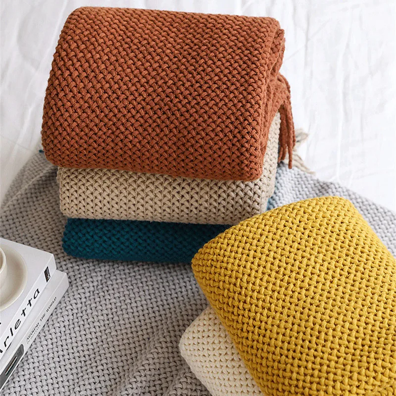 Textile City Nordic Gestrickte Überwurfdecke Schal Sofadecke Soild mit Quasten Sofa Schal Emulation Fleece Tagesdecke Dekor Image