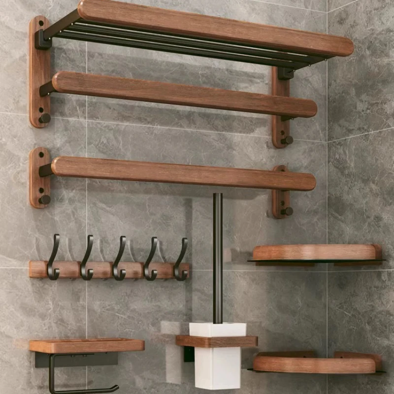 Porte-serviettes en noyer sans poinçon, étagère de salle de bain, toilettes murales, organisateur de rangement, porte-serviettes de bain, accessoires de salle de bains