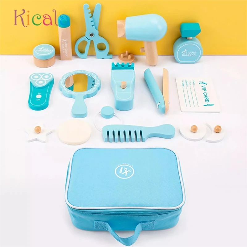Haarschneide-Kit Friseur-Werkzeug kasten Kinder tun so, als würden sie Haarstyling-Kit mit Holz schere und Föhn spielzeug spielen Image