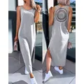Robe longue en dentelle pour femmes, mode d'été, fente ajourée, décontractée, col rond, sans manches, droite, mi-longue, 2024