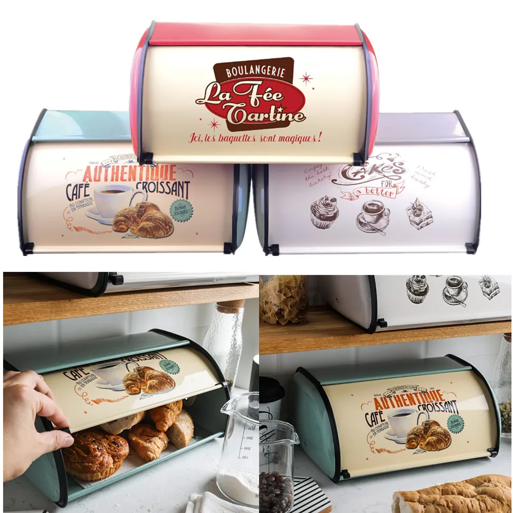 Boîte à pain en métal avec couvercle, conteneurs de rangement de cuisine, cuisine domestique avec couvercle à roulettes, récipient alimentaire, organisateur de cuisine à domicile