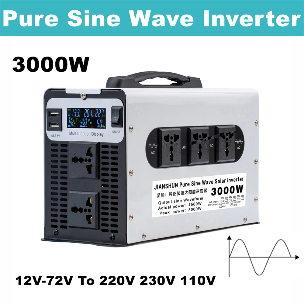 Onduleur à onde sinusoïdale pure avec LED, convertisseur de tension, onduleur solaire de voiture, 3000W, DC 12V, 24V, 48V, 60V, 72V à AC 110V, 220V, 50Hz, 60Hz