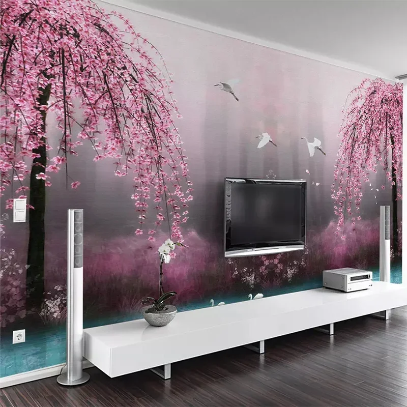 Individuelle Wand Tapete 3D Rosa Kirschblüte Schwan See Landschaft Foto Tapeten Wohnzimmer TV Sofa Schlafzimmer Hintergrund Wand